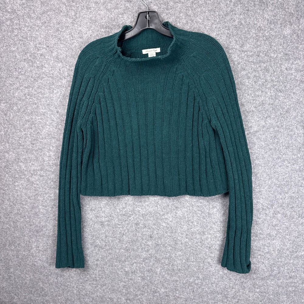 American Eagle Sweater Cropped Mock Neck M Green Ribbed Chenille Knit Raglan‎